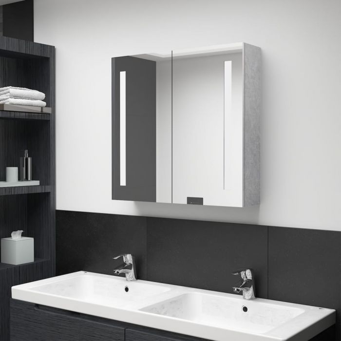 LED шкаф с огледало за баня, бетонно сив, 62x14x60 см