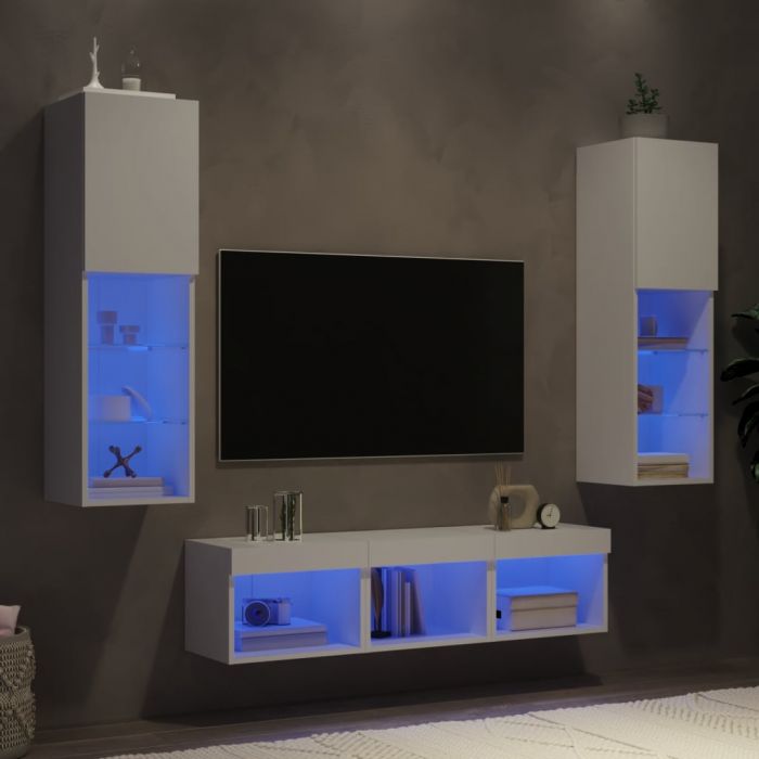 ТВ стенни модули с LED, 5 части, бели, инженерно дърво