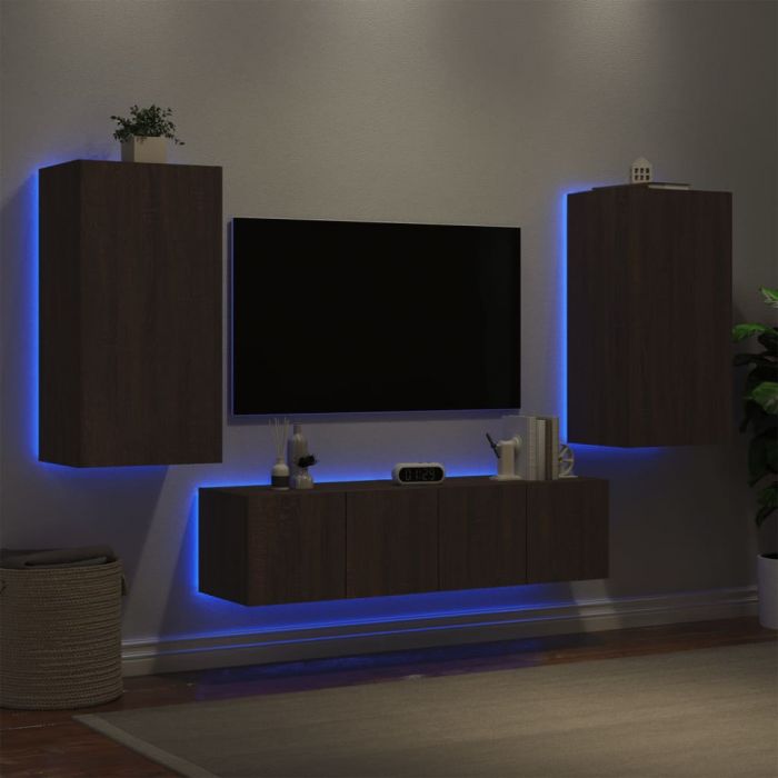 ТВ стенни модули с LED, 4 части, кафяв дъб, инженерно дърво