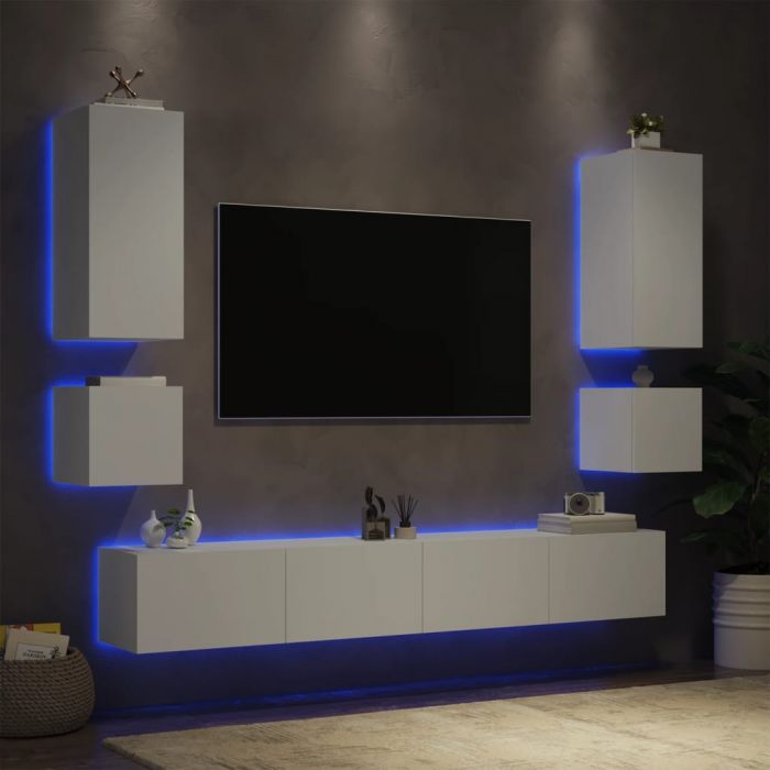 ТВ стенни шкафове, 6 части, с LED светлини, бели