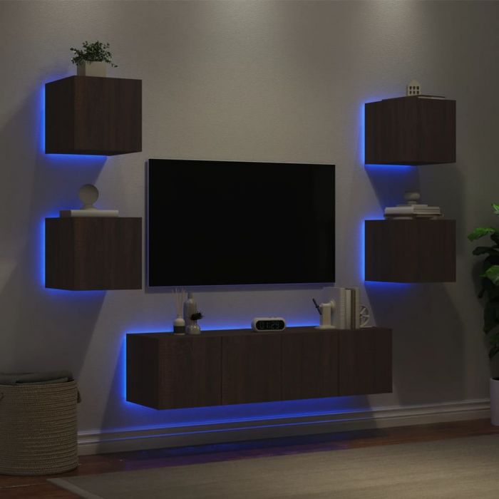 ТВ стенни модули с LED, 6 части, кафяв дъб, инженерно дърво