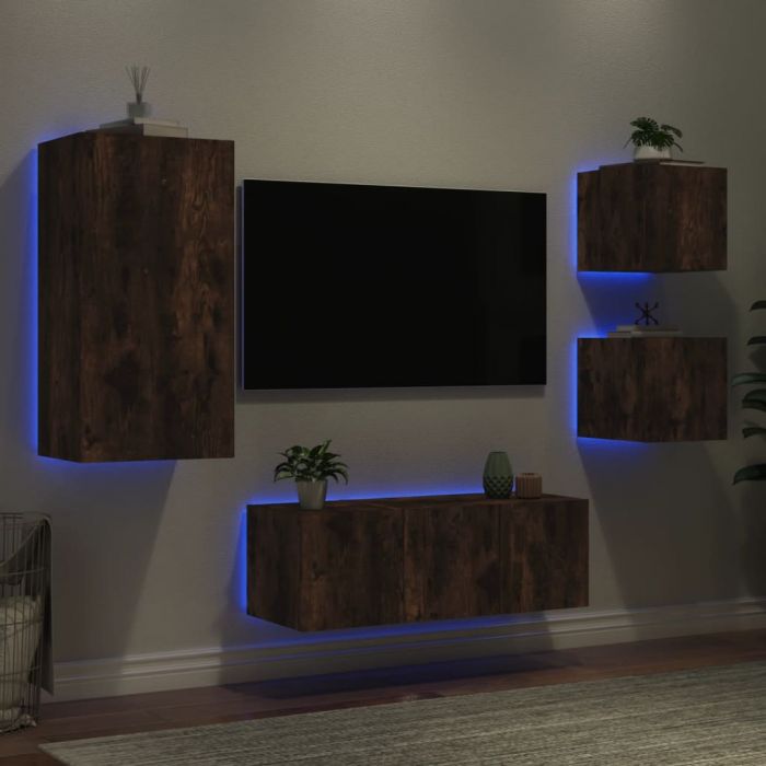 ТВ стенни модули с LED, 5 части, опушен дъб, инженерно дърво