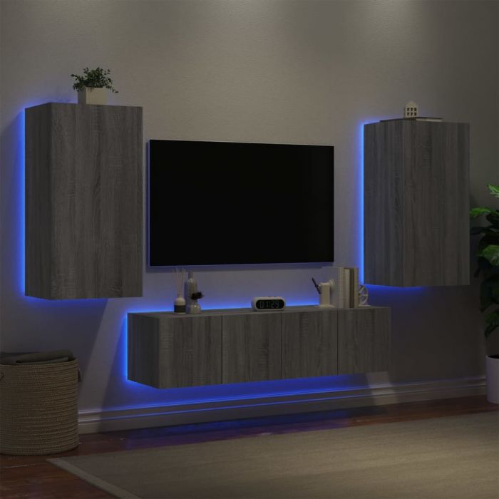 ТВ стенни модули с LED, 4 части, сив сонома, инженерно дърво