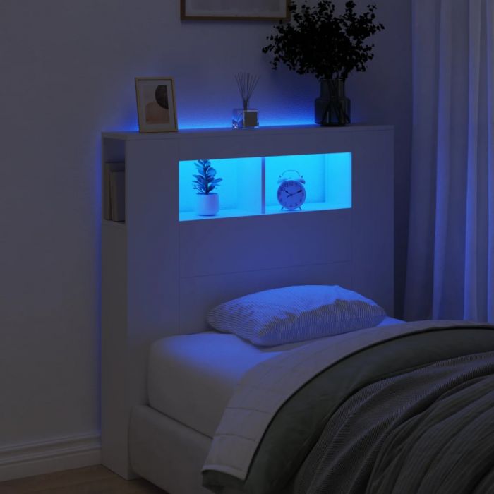 LED горна табла за легло бяла 100x18,5x103,5 см инженерно дърво