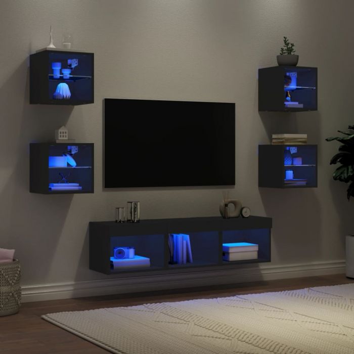 ТВ стенни модули с LED, 7 части, черни, инженерно дърво
