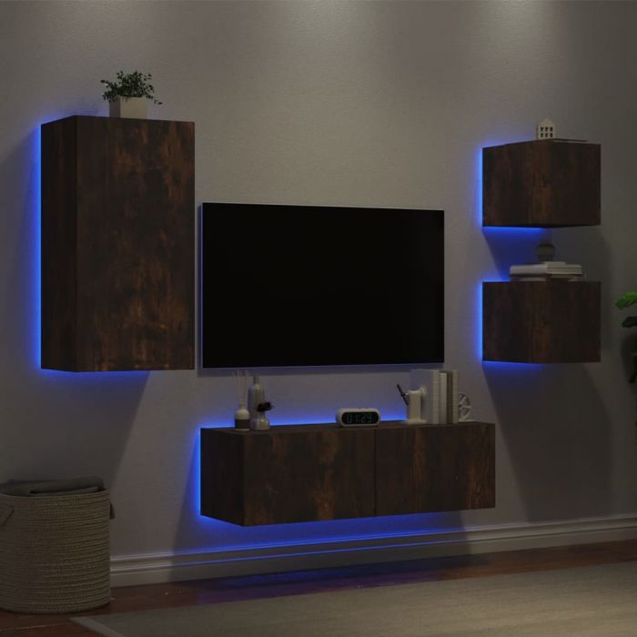 ТВ стенни шкафове, 4 части, с LED светлини, опушен дъб