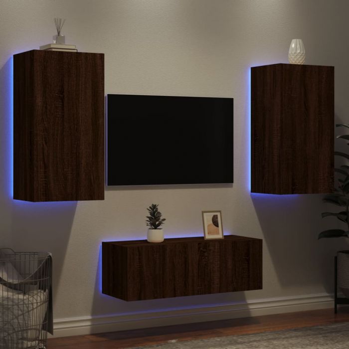 ТВ стенни модули с LED, 4 части, кафяв дъб, инженерно дърво