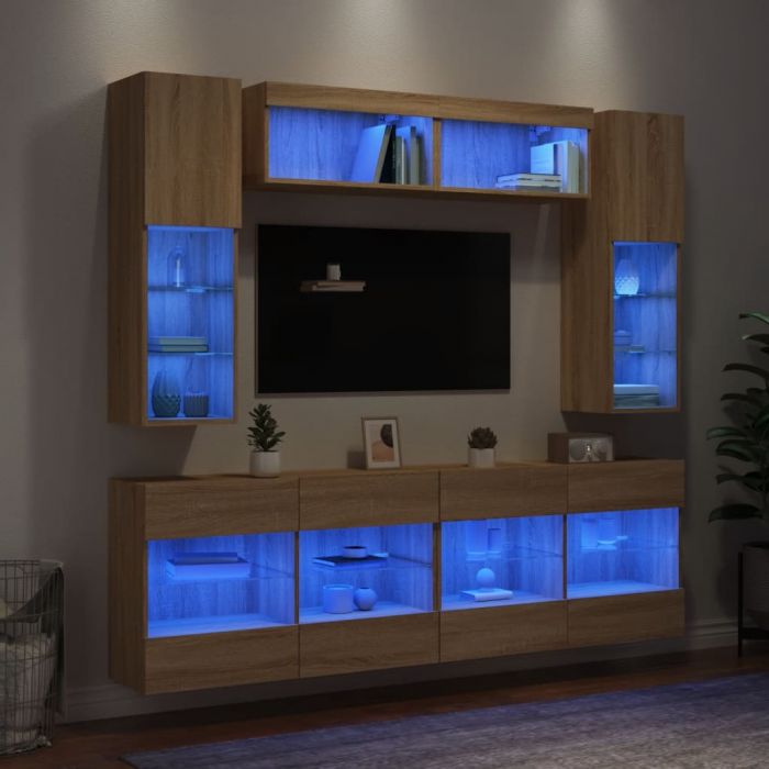 Комплект ТВ стенни шкафове, 6 части, с LED светлини, сонома дъб