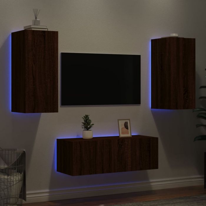 ТВ стенни модули с LED, 4 части, кафяв дъб, инженерно дърво