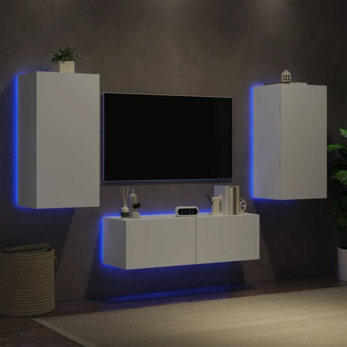 ТВ стенни шкафове, 3 части, с LED светлини, бели