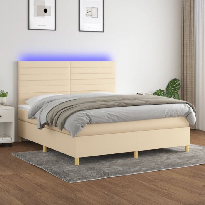 Боксспринг легло с матрак и LED, кремаво, 160x200 см, плат