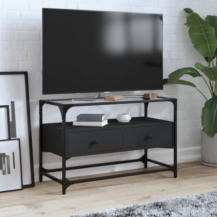 ТВ шкаф със стъклен плот, черен, 80x35x51 см, инженерно дърво