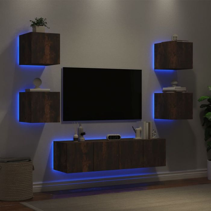 ТВ стенни модули с LED, 6 части, опушен дъб, инженерно дърво