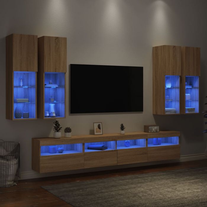 Комплект ТВ стенни шкафове, 7 части, с LED светлини, сонома дъб