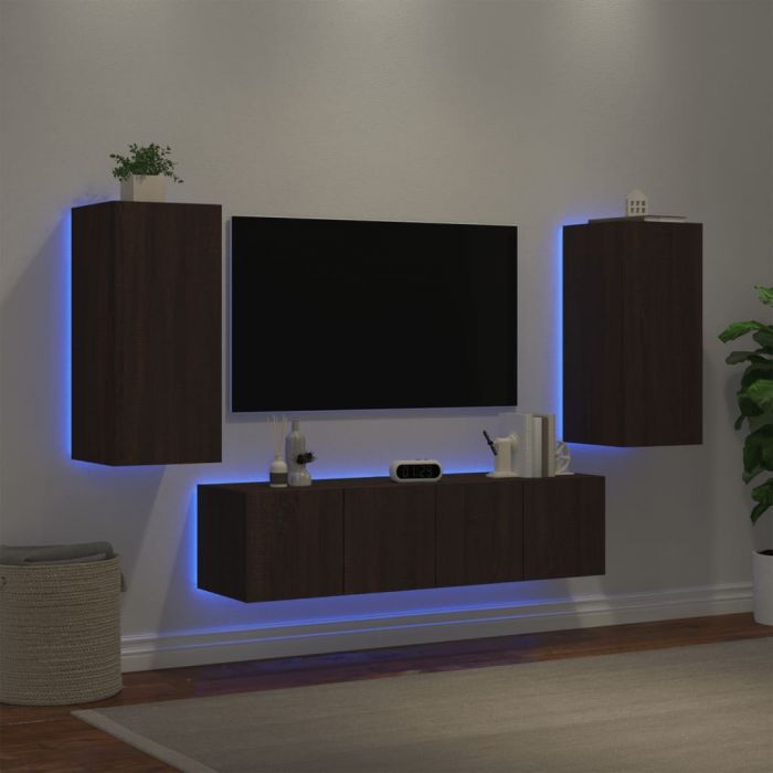 ТВ стенни модули с LED, 4 части, кафяв дъб, инженерно дърво