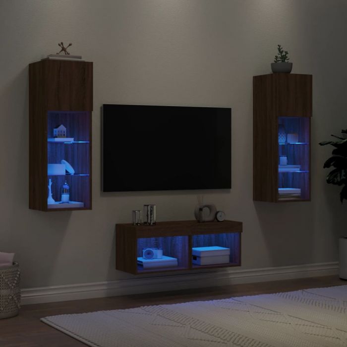ТВ стенни шкафове, 4 части, с LED светлини, кафяв дъб