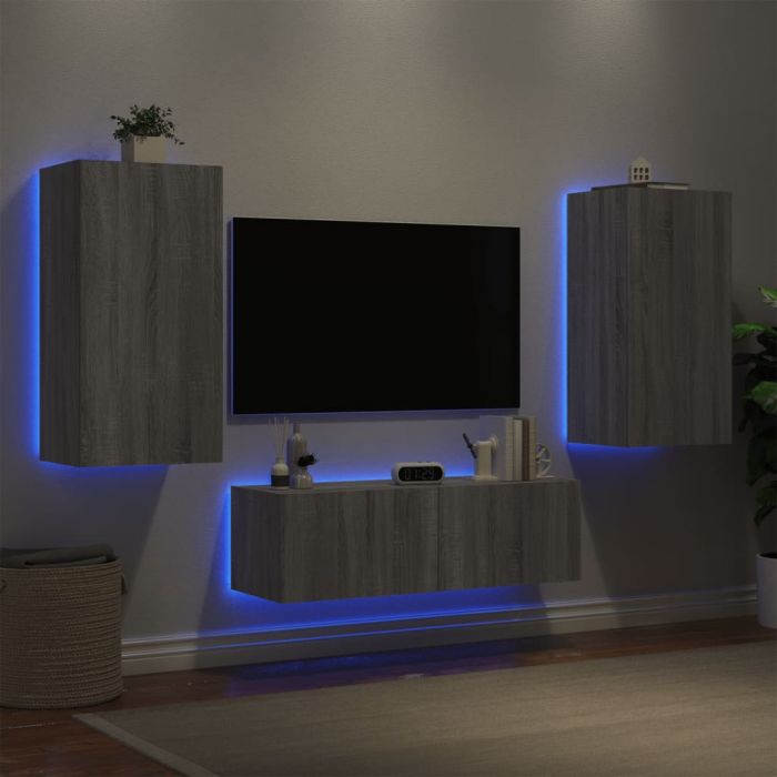 ТВ стенни шкафове, 3 части, с LED светлини, сив сонома