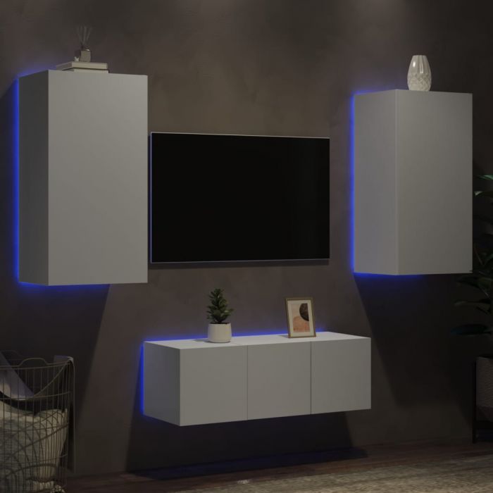 ТВ стенни модули с LED, 4 части, бели, инженерно дърво