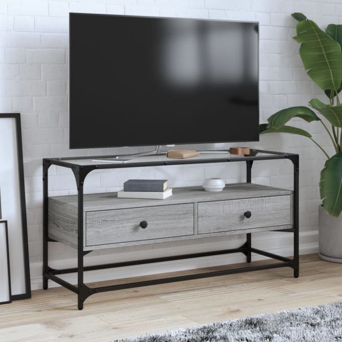 ТВ шкаф със стъклен плот сив сонома 98x35x51 см инженерно дърво
