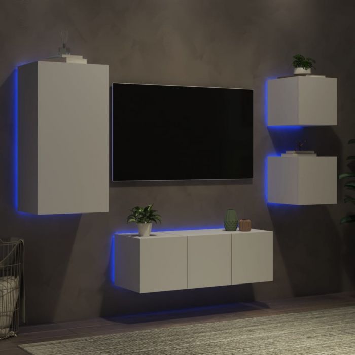 ТВ стенни модули с LED, 5 части, бели, инженерно дърво
