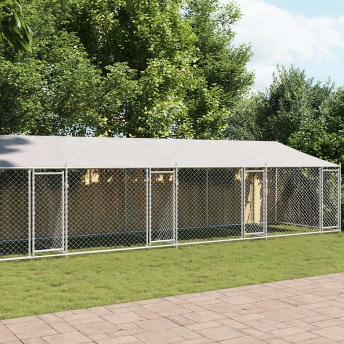 Кучешка клетка с покрив и врата сив 12x2x2м поцинкована стомана