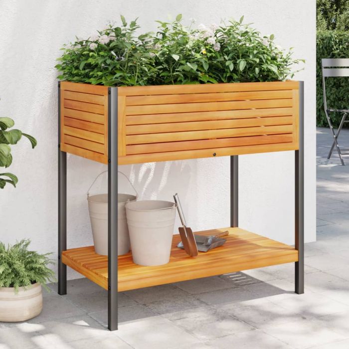 Градинска кашпа с рафт 80x45x80 см масивна акация и стомана