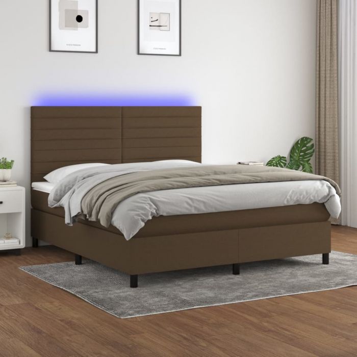 Боксспринг легло с матрак и LED, тъмнокафяво, 180x200 см, плат