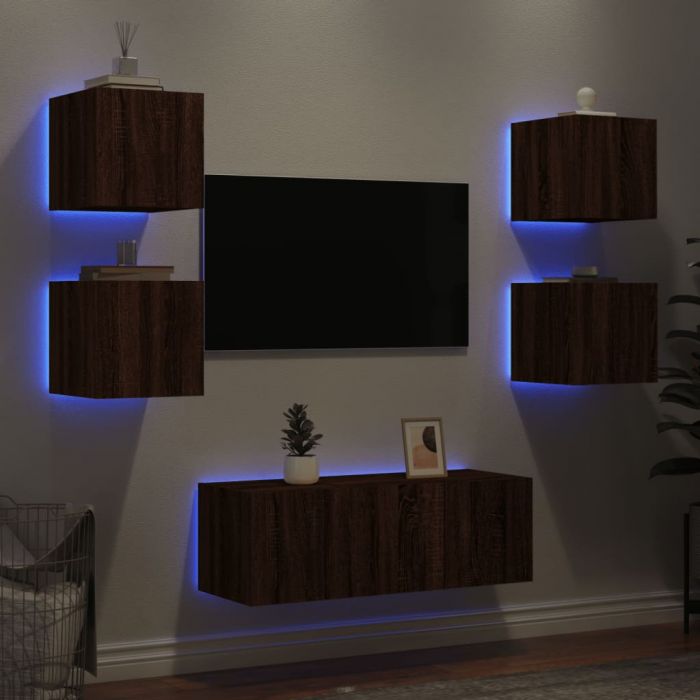 ТВ стенни модули с LED, 6 части, кафяв дъб, инженерно дърво