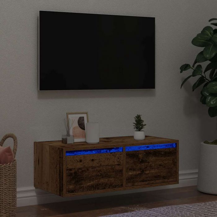 ТВ шкаф с LED осветление, старо дърво, 75x35,5x25 см