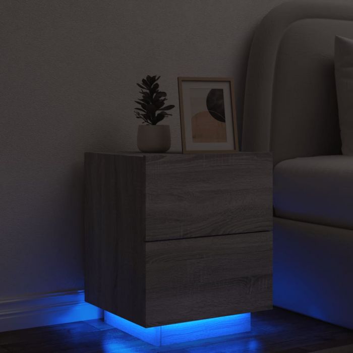 Нощно шкафче с LED осветление, сив сонома, инженерно дърво