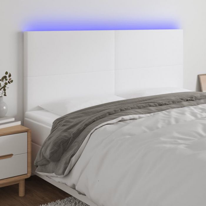 LED горна табла за легло, бяла, 180x5x118/128см изкуствена кожа