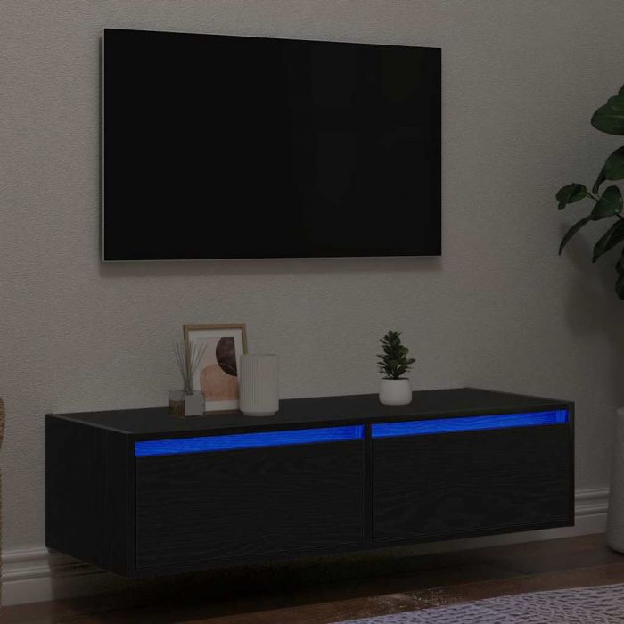 ТВ шкаф с LED осветление, Черен дъб, 100X35,5x25 см