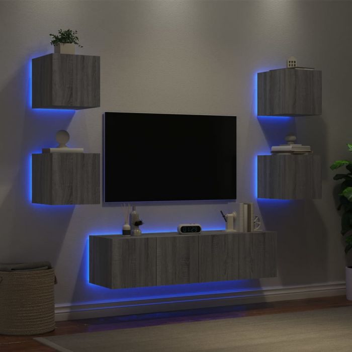 ТВ стенни модули с LED, 6 части, сив сонома, инженерно дърво