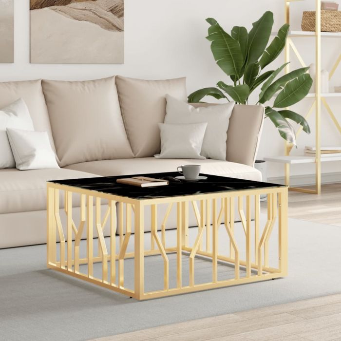 Маса за кафе златиста 80x80x40 cм неръждаема стомана и стъкло