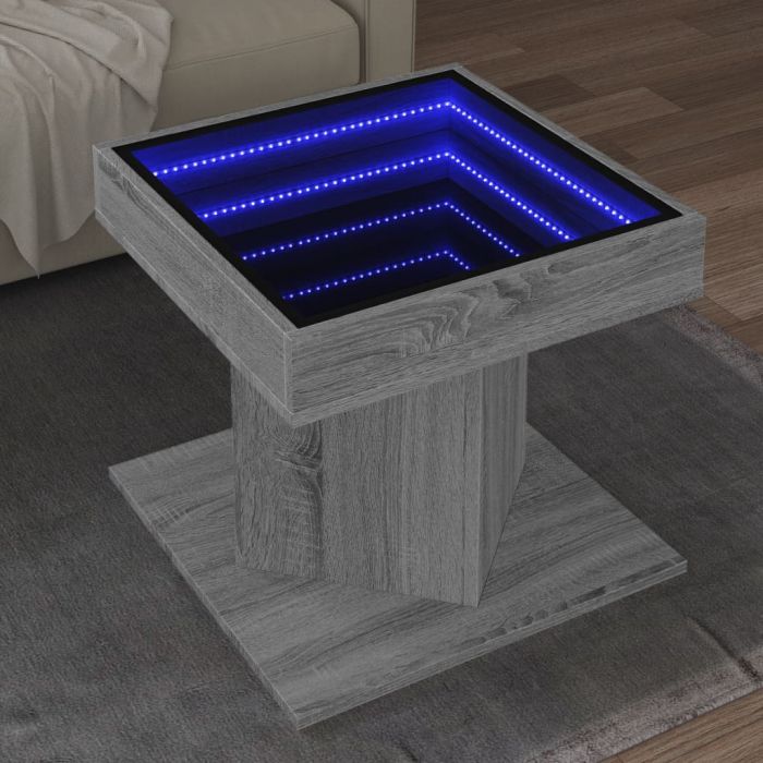Маса за кафе с LED, сив сонома, 50x50x45 см, инженерно дърво