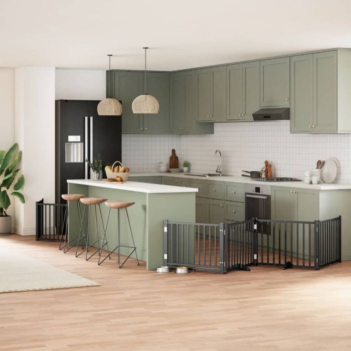 Сгъваема преграда за куче с врата 8 панела черна 640 см топола