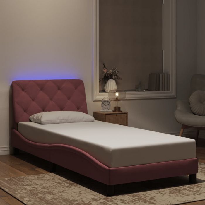 Рамка за легло с LED осветление, розова, 90x200 см, кадифе