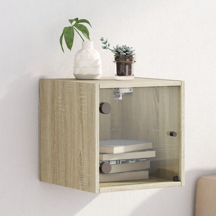 Нощно шкафче със стъклена врата дъб сонома 35x37x35 см