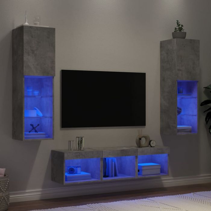 ТВ стенни модули с LED, 5 части, бетонно сиви, инженерно дърво