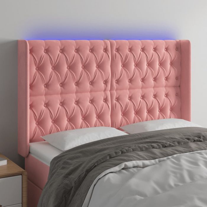 LED горна табла за легло, розова, 147x16x118/128 см, кадифе