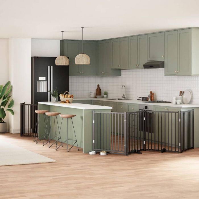 Сгъваема преграда за куче с врата 10 панела черна 800 см топола