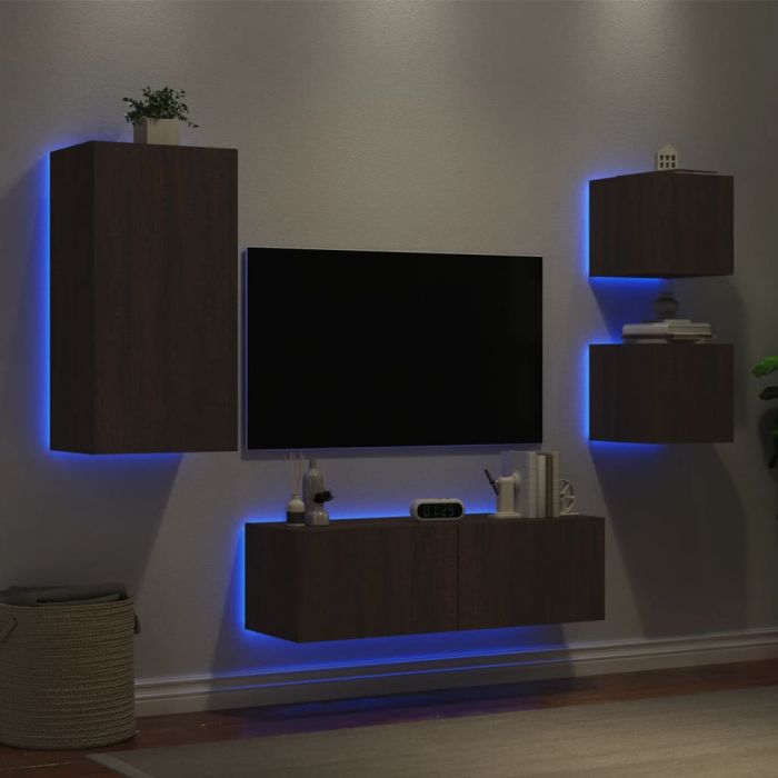 ТВ стенни шкафове, 4 части, с LED светлини, кафяв дъб