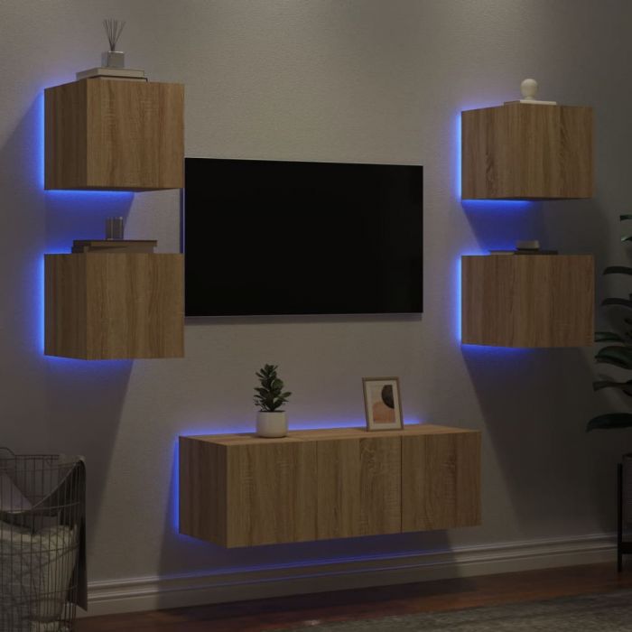 ТВ стенни модули с LED, 6 части, сонома дъб, инженерно дърво