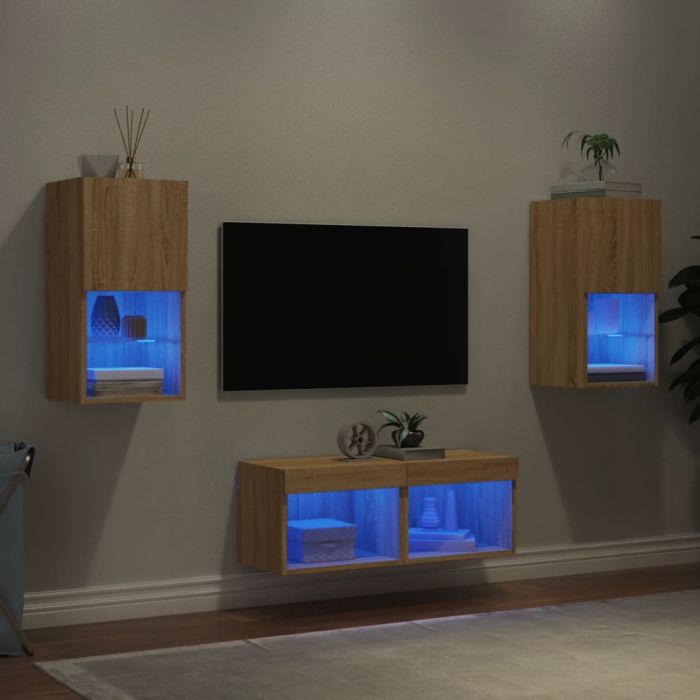 ТВ стенни шкафове, 4 части, с LED светлини, сонома дъб