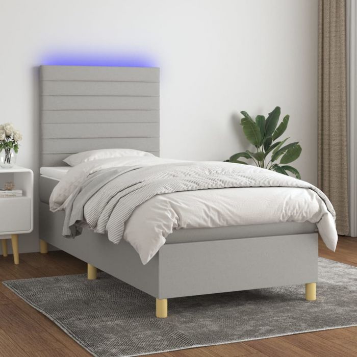Боксспринг легло с матрак и LED, светлосиво, 90x190 см, плат