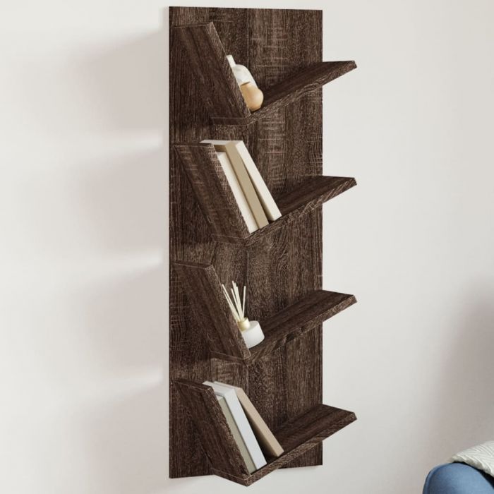 Стенен рафт за книги, 4 нива, кафяв дъб, 33x16x90 см