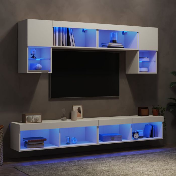 ТВ стенни модули с LED, 6 части, бели, инженерно дърво
