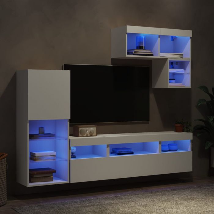 ТВ стенни модули с LED, 6 части, бели, инженерно дърво