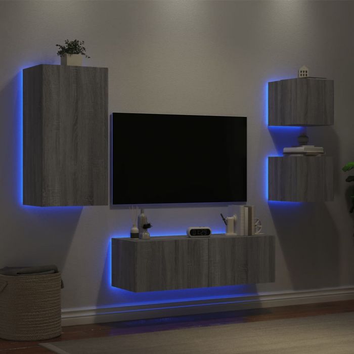 ТВ стенни шкафове, 4 части, с LED светлини, сив сонома