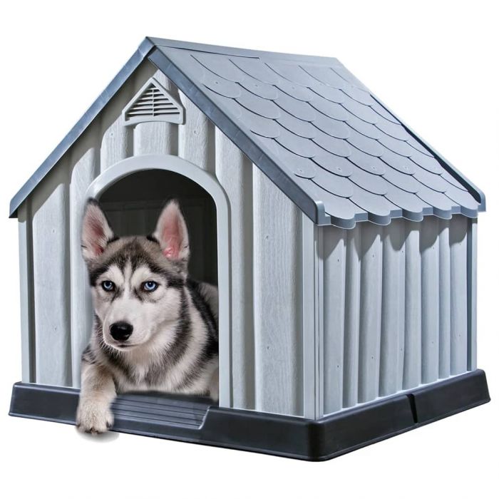 Къща за кучета, сива, 92x87x91 см, пластмаса
